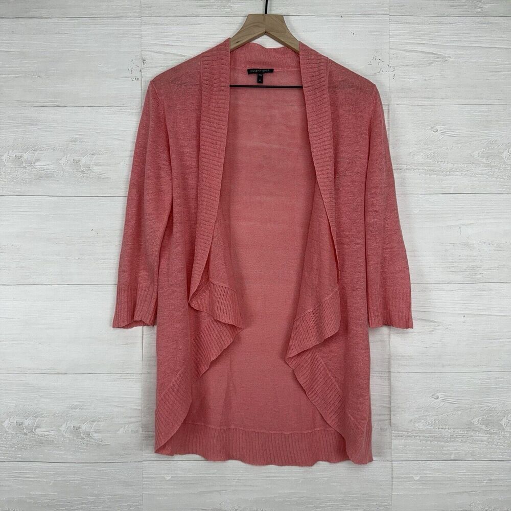 Eileen Fisher Women XS 100% Linen Open Waterfall Cardigan Coral Pink Lightweight